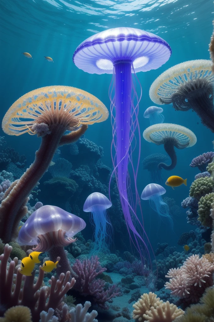 there is a jellyfish with a yellow light on its head, two magnificent jelly fish, squid phoenix jellyfish, rendered in houdini, clematis in the deep sea, phoenix jellyfish, sea anemone, jelly fish dancing, bioluminiscent creatures, sea creature, fluid simulation in houdini, closeup cinematic aquatic scene, jellyfish pheonix, deep sea creatures