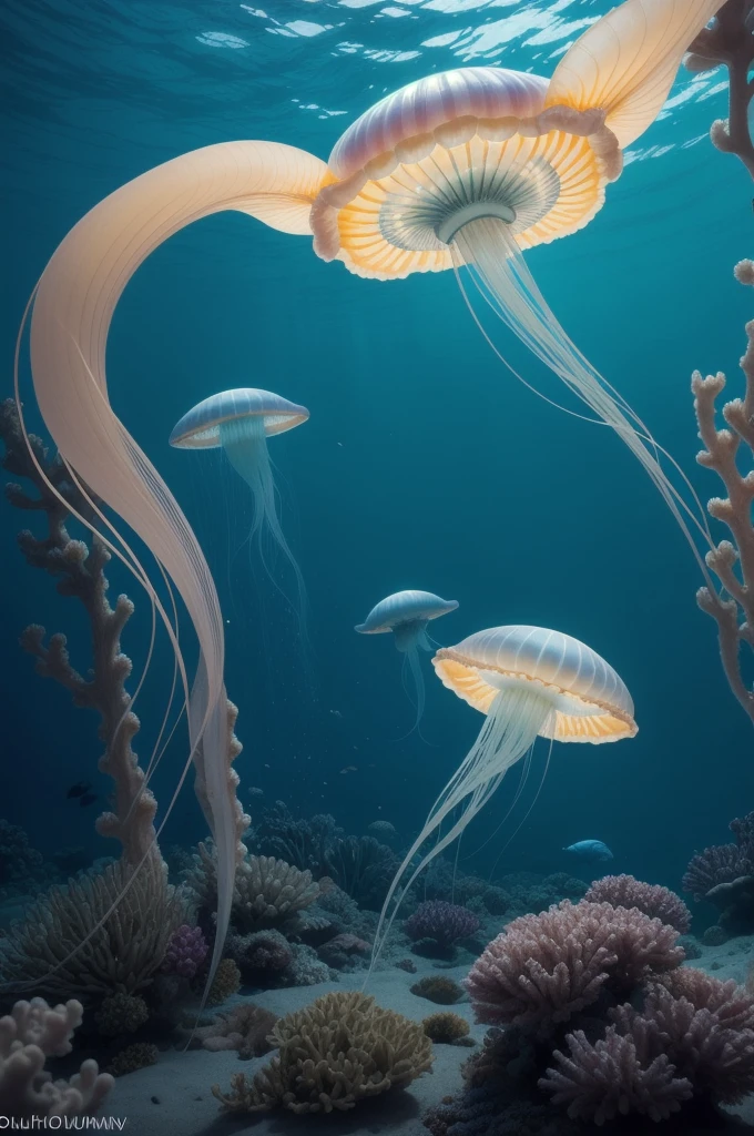 there is a jellyfish with a yellow light on its head, two magnificent jelly fish, squid phoenix jellyfish, rendered in houdini, clematis in the deep sea, phoenix jellyfish, sea anemone, jelly fish dancing, bioluminiscent creatures, sea creature, fluid simulation in houdini, closeup cinematic aquatic scene, jellyfish pheonix, deep sea creatures