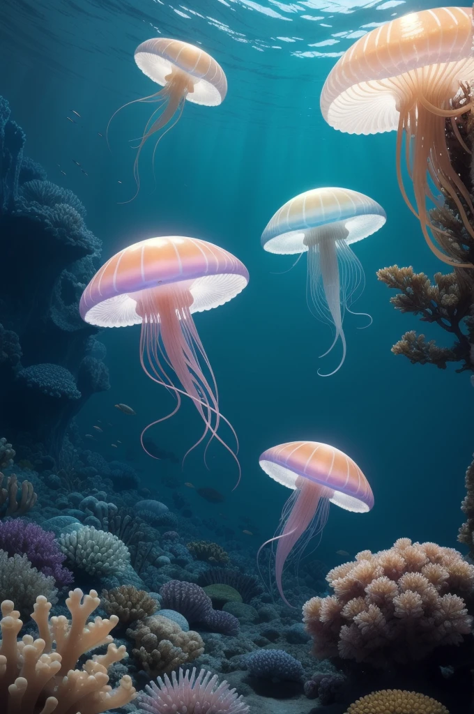 there is a jellyfish with a yellow light on its head, two magnificent jelly fish, squid phoenix jellyfish, rendered in houdini, clematis in the deep sea, phoenix jellyfish, sea anemone, jelly fish dancing, bioluminiscent creatures, sea creature, fluid simulation in houdini, closeup cinematic aquatic scene, jellyfish pheonix, deep sea creatures
