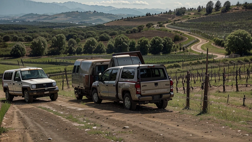 dirt road, in the vineyards, between the vines, the vines are small, rainy weather, two men, a white L2 H2 van, Fourgon L2 H2, citroên jumper, truck over a bump, truck on a land full of grass, the truck is on 3 wheels, the truck is out of balance, the truck will fall on its side