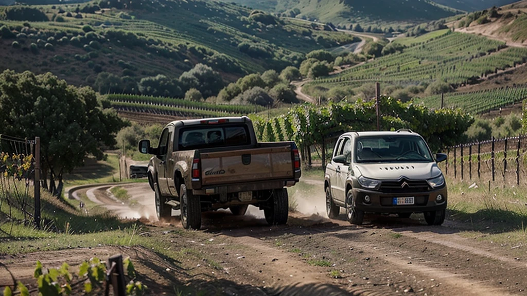 dirt road, in the vineyards, between the vines, the vines are small, rainy weather, two men, a white L2 H2 van, Fourgon L2 H2, citroên jumper, truck over a bump, truck on a land full of grass, the truck is on 3 wheels, the truck is out of balance, the truck will fall on its side