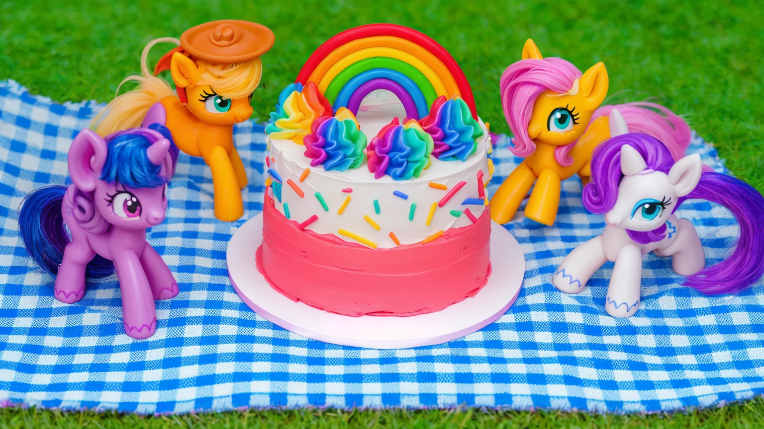 on the grass, on a pink checkered tablecloth. there is a white plate with cake, white and pink cream cake, Rainbow confectionery powder on the cake, top rainbow gradient cream, polymer clay rainbow, рядом стоят пластиковые pony toys из мультфильма My Little Pony, pony toys, purple pony with wing and horn, orange pony with hat and yellow hair, yellow pony with pink hair and wing, white pony with purple hair and horn.  beautiful light, sunlight, sunny day, beautiful lighting, bright announcement, several light sources, Realistic style, realistic textures, high quality, high detail, detailed texture, ultra 4k hd