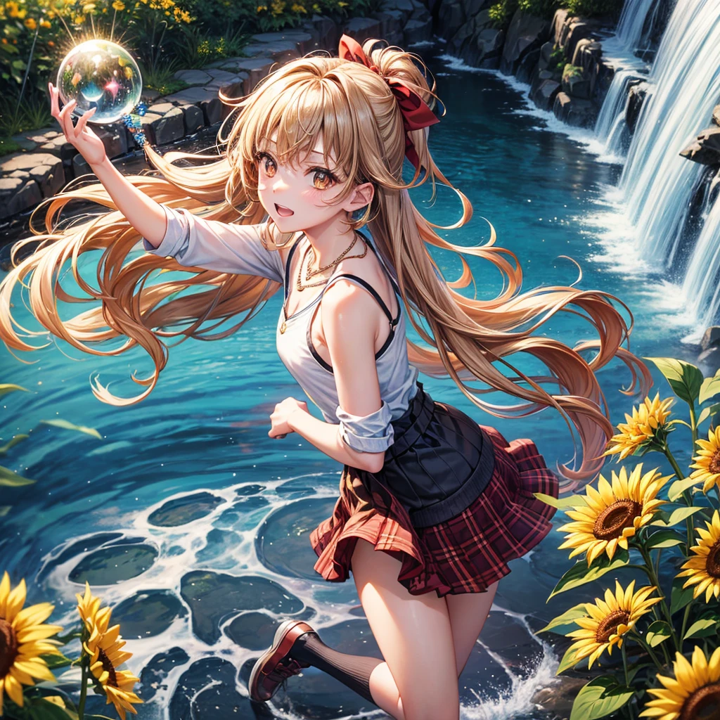 Red, brown, gold, gold hair、Golden Eyes、Hair tied up、One good looking girl、solo、anime、Checkered mini skirt、Ruffles on the skirt、camisole、Lightweight cardigan、Black knee-high socks、Wearing a baseball cap、Ribbon、Ribbon on waist、Teeth are visible、Silver coin necklace、From above、Sunflower Tunnel、Cobblestones、waterfall、Have sunflowers、Starry Sky、Midnight Moon、Winding Road、Unlocking、suspension bridge、Soap bubbles are flying