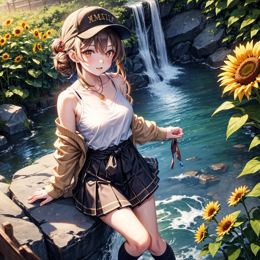 Red, brown, gold, gold hair、Golden Eyes、Hair tied up、One good looking girl、solo、anime、Checkered mini skirt、Ruffles on the skirt、camisole、Lightweight cardigan、Black knee-high socks、Wearing a baseball cap、Ribbon、Ribbon on waist、Teeth are visible、Silver coin necklace、From above、Sunflower Tunnel、Cobblestones、waterfall、Have sunflowers、Starry Sky、Midnight Moon、Winding Road、Unlocking、suspension bridge、Soap bubbles are flying