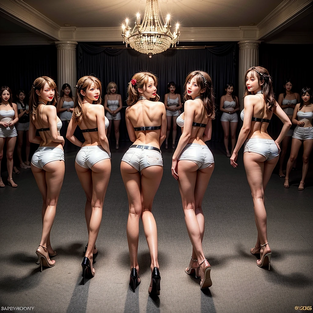 Crimson in WHITE, Masterpiece of ExtremelyDetailed (ProfessionalPhoto of 9Girls in WHITE SkinnyShorts:1.37) PUNIPUNI PICHIPICHI,  {StandingBackwards FullBody|Stooped|Overflowing GiganticSideboob}, (((ShowAss)Back of Head)), {In the room|CrimsonCouch|FromBelow|From Directly Above}(SFW:1.7)(Acutance:0.8)VolumetricLighting  BREAK  (8K TopQuality) Beltbra, (ClearlyVisible the shape of RoundlyButt), {HiddenHand|Corrected BabyLikeHand}, ((Keep Head and Body facing Backwards)), LeatherHighCollar Up hair with RedRose FlowerWreath WrappedBody Full of Flowers, Detailed Radiant PearlSkin with Transparency Detailed Clothes