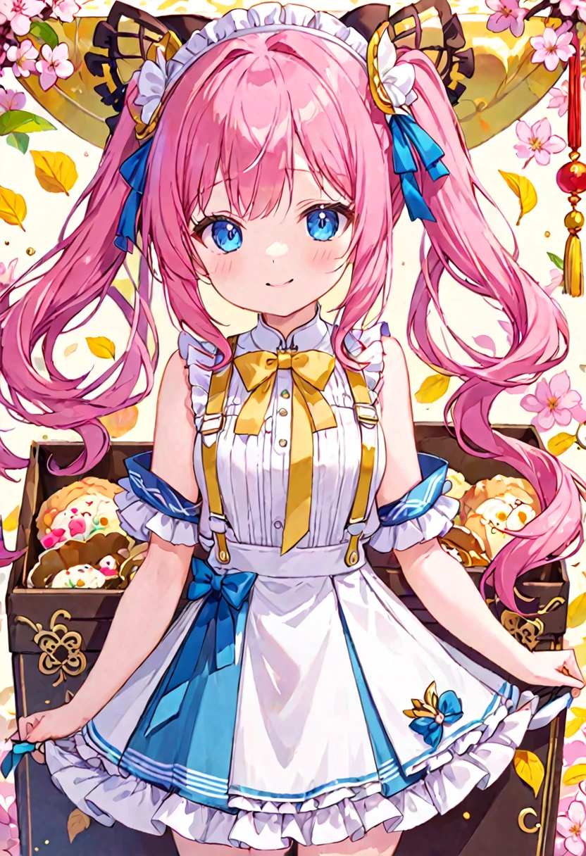 16K，2D Girl，Long hair with flowing light（1:1.5），Sakura Pink White Eye Leaf Hair Accessory（1:1.25），A white and pale yellow color-blocked skirt Chinese dress，（There is a pudding-like decoration on the top left of the box.），White suspenders（（There is a gold moire pattern on the right thigh.）），very cute。(pink hair, twin tails twin drill, show your forehead, blue eyes, White frilled white headband, slanted eyes, smile, long sideburns, curled bangs, neck ribbon, Forehead, amount),