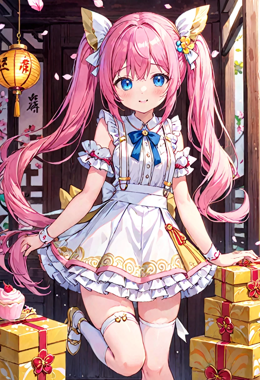 16K,2D Girl,Long hair with flowing light(1:1.5),Sakura Pink White Eye Leaf Hair Accessory(1:1.25),A white and pale yellow color-blocked skirt Chinese dress,(There is a pudding-like decoration on the top left of the box.),White suspenders((There is a gold moire pattern on the right thigh.)),very cute。(pink hair, twin tails twin drill, show your forehead, blue eyes, White frilled white headband, slanted eyes, smile, long sideburns, curled bangs, neck ribbon, Forehead, amount),