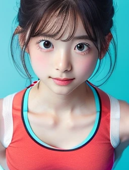 (Isolated on a white background:1.5)、From above、((Wearing a multi-colored sports bra in red and cyan:1.5))、(masterpiece、Highest quality) 、Soft lighting、Really great images, Very very beautiful、masterpiece, Highest quality,photograph, cute、(Huge boobs:1.2)、20-year-old girl、(Redness of the skin:1.ung and adorable Japanese face, Fresh skin, Face close-up, Young Face, Soft Portrait Shot 8k, if々Lion Japanese girl Real young idol、Young and cute gravure idol、Young and sexy gravure idol、Japanese young gravure idol