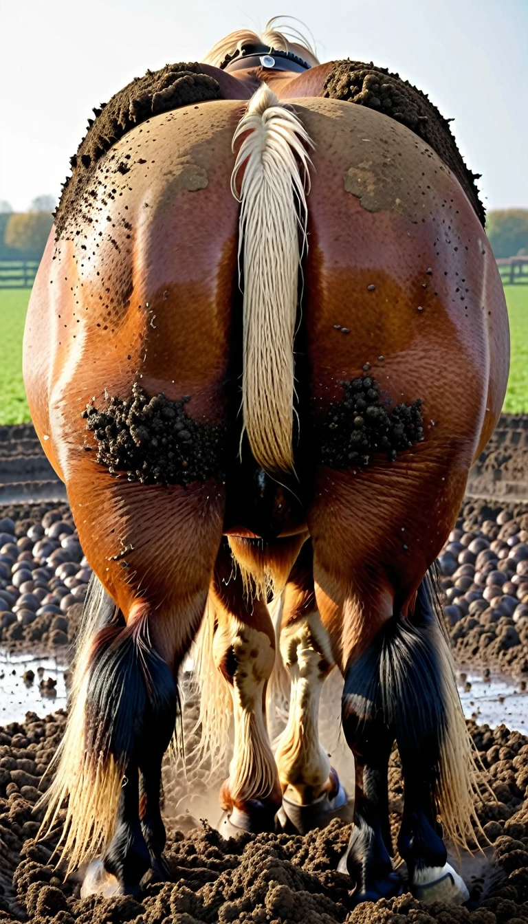 full rear view of large fat Belgian draft horse stallion with lumps of horse dung oozing out of the centre of a big   bum under tail. facing away from view point - towards horizon. wide open rectum and anus in full view. tail to left side. ((masterpiece)), ((best quality)), ((highres)), ((extremely detailed)), ((close  shot, back view)), (super realistic) . anatomically correct. horse surrounded by lumps of steaming dung