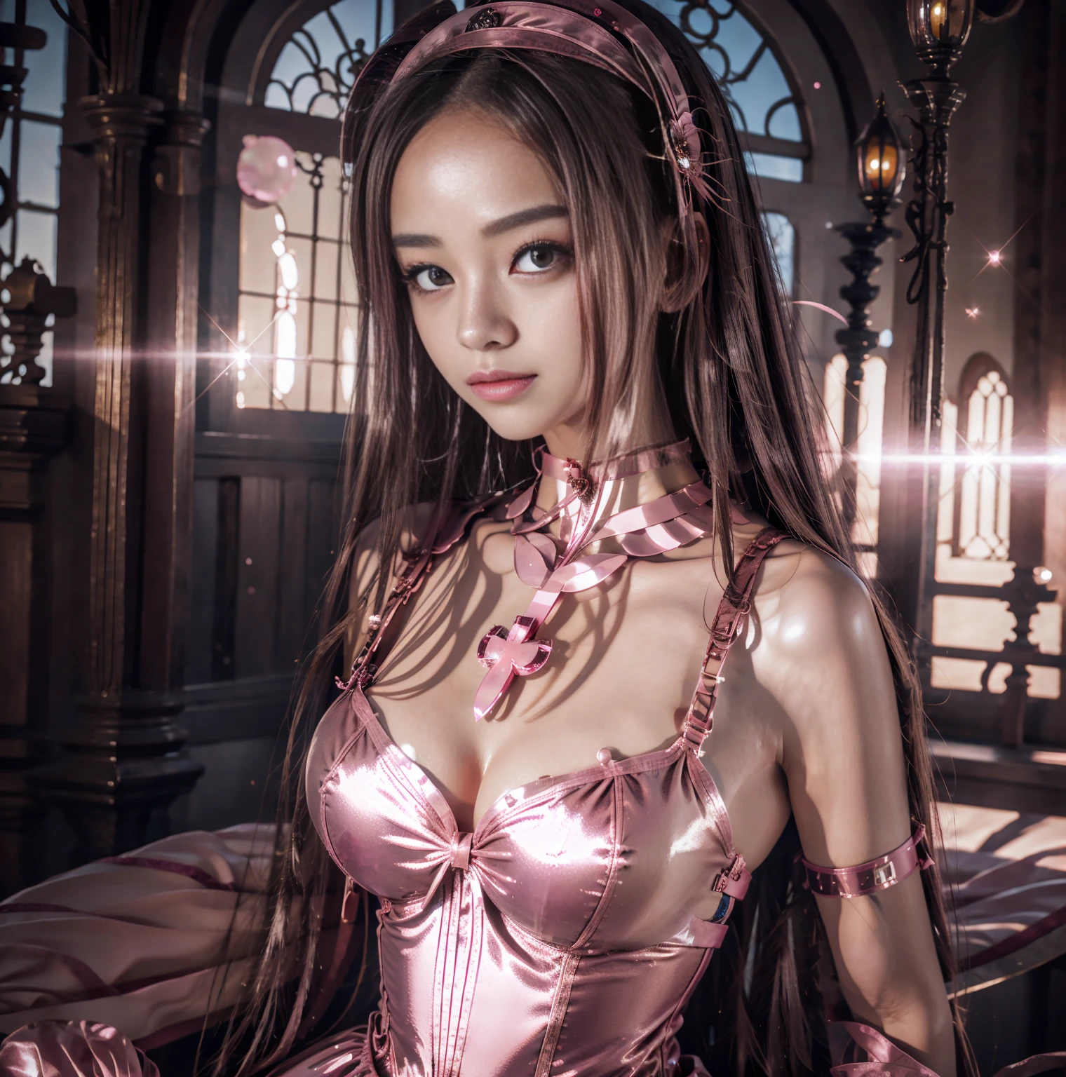 Highest quality，masterpiece，Ultra-high resolution, Very detailed, 8K，14 year old beautiful Japanese woman:1.5, Small face, Black Hair, blunt bangs, ((Woman crucified on the cross:1.5, Breast Augmentation Surgery)), (Detailed glamorous pink magical girl heroine outfit:1.5), Very detailedな臭い脇の下、　Very pleasant look