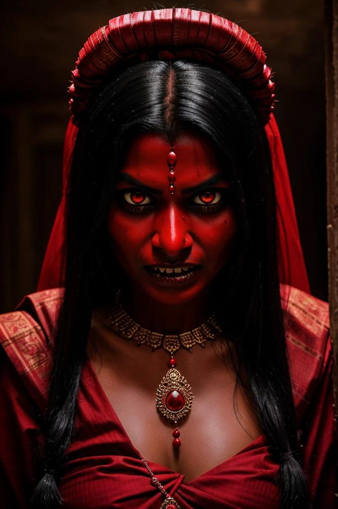 frightening, demonic-looking indian lady with exaggerated features, including glowing eyes, sharp teeth, and blood-stained face. The character is wearing red traditional attire and jewelry, adding to the eerie effect.