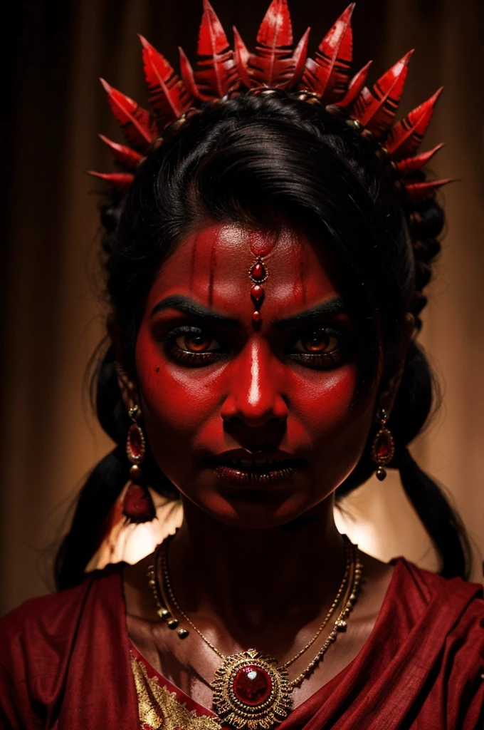 frightening, demonic-looking indian lady with exaggerated features, including glowing eyes, sharp teeth, and blood-stained face. The character is wearing red traditional attire and jewelry, adding to the eerie effect.