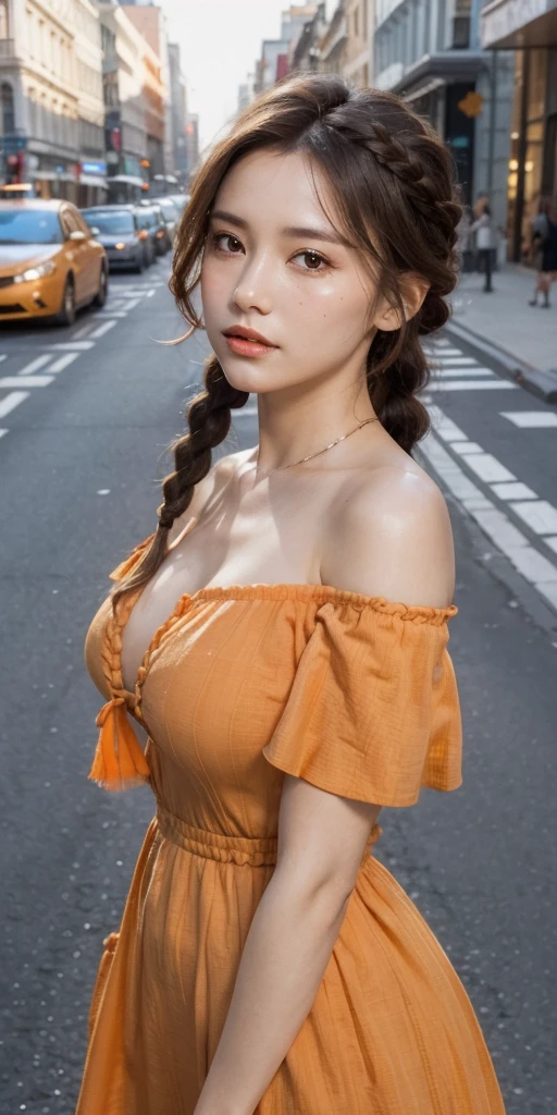 a woman posing on the street corner with orange dress on, best quality, 1girl, large , day, bright, blur background, bokeh, outdoor, (street:0.8), (people, crowds:0.8), (off-shoulder dress:1.2), gorgeous, (braided bangs:1.2), beautiful detailed sky, (dynamic pose:1.2), soft lighting, wind, shiny skin, (upper body:0.8), (freckles:0.8), mole under mouth,