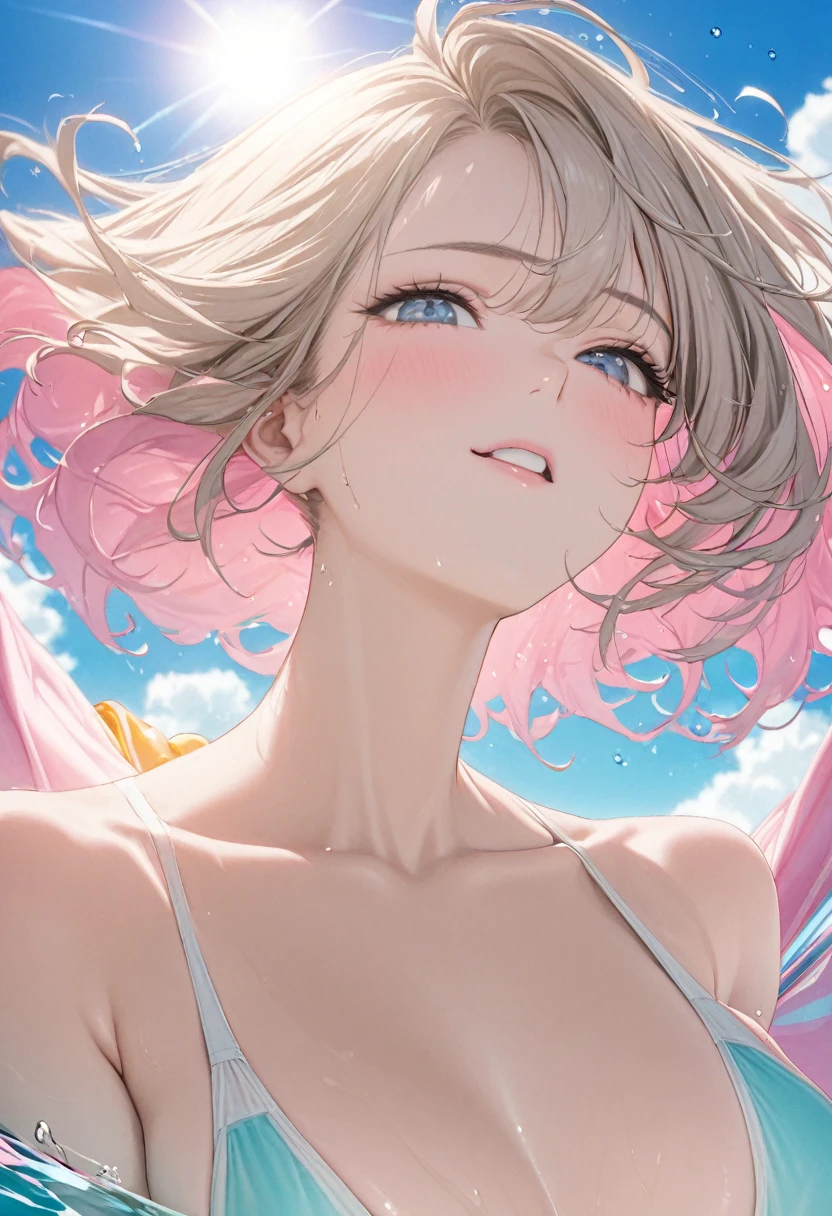 portrait art, best quality, super fine, 16k, 2.5D, delicate and dynamic depiction, swimming pool in a dreamland, beautiful woman in swimsuit floating in floating ring, sunbathing with her arms raised towards the sun, amorous and lewd expression, superlative body proportion, glittering and fluffy effect of pastel and vivid colors