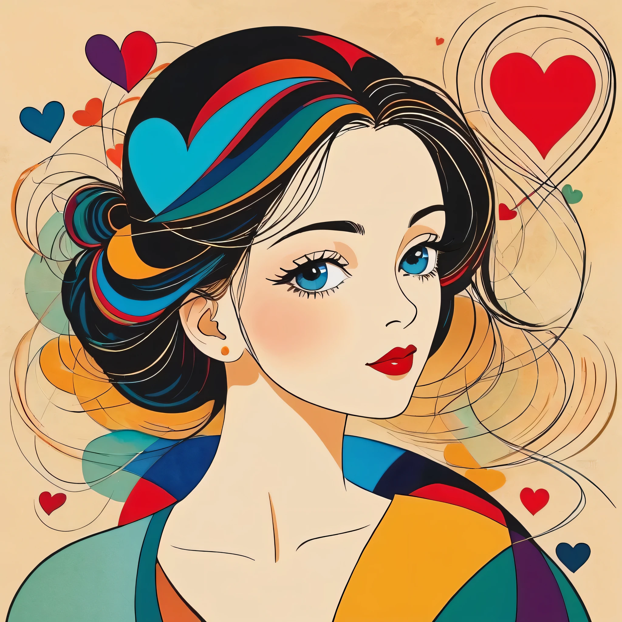Vasily Kandinsky style, Simple Line Initialism,Abstract art,Urban Background, colorful hearts ,(((The most beautiful girl of all time))),