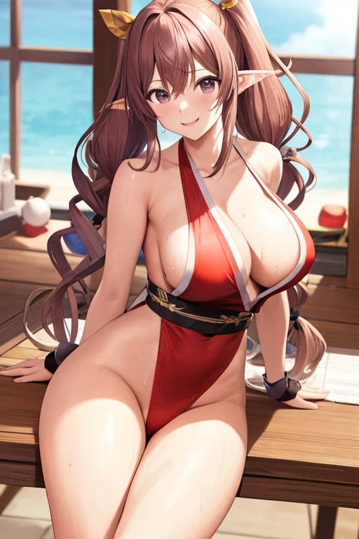 masterpiece, best quality, beautiful art, high resolution, well formed hands, body and fingers, 1 woman, solo, Rinna Mayfield,   grown up,  cosplaying as Mai Shiranui , red_japanese_clothes, adult, large and round breasted, cleavage full body, pelvic curtain, hair ribbon, gorgeous legs and, thighs, sexy Japanese clothes, hair ornament , sexy legs , hips and thighs, doing exercise, warming up, working out, sexy and captivating training, smiling joyfully and happily , looking at the viewer, panties peek, sweating , bouncing breasts, t back thong, training montage session, beach environment  