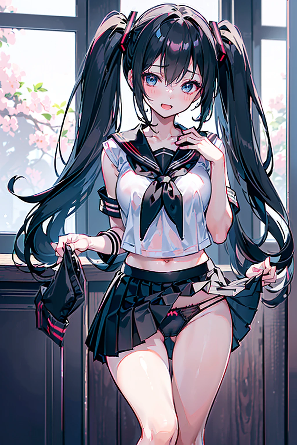 crotch,between legs ,smile,open mouth,pleasure,blush,embarrassed,(((black sailor uniform,black skirt,black shirts)),(best quality, 8k, masterpiece:1.2, nsfw,ultra-detailed,realistic,photorealistic,anime,Soft lighting,Bokeh), hatsune miku\(vocaloid\),1girl,Anime-like beautiful girl,silky smooth and very beautiful skin,very beautiful embarrassed face,Ordinary chest, 5headed body,Skinny type,Not muscular,5This refers to,Manicure is cherry colored, break, Perfectly beautiful figure,Height 162cm,Bust 87cm,Waist 56cm,Hip 85cm, blue eyes, girl, very long twintail hair, black eyes, long twintail hair, solo, (bangs, black hair, shining hair, black hair, ),official alternate costume, (((black sailor scool uniform,lift black skirt,sexy cute pantie))), hair ornament, collarbone, (((casual underwear)