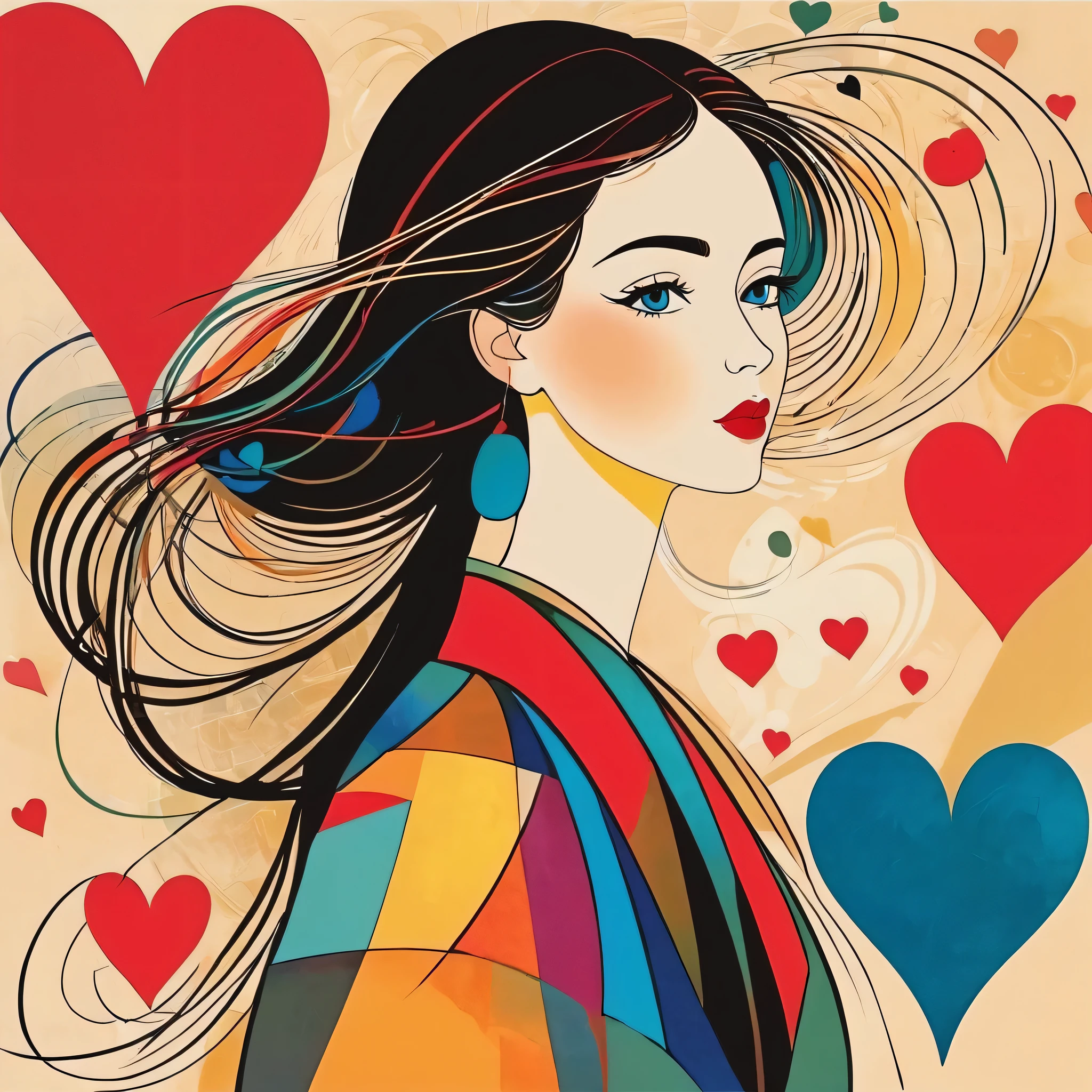 Vasily Kandinsky style, Simple Line Initialism，Abstract art，Urban Background, colorful hearts ,(((The most beautiful girl of all time))),