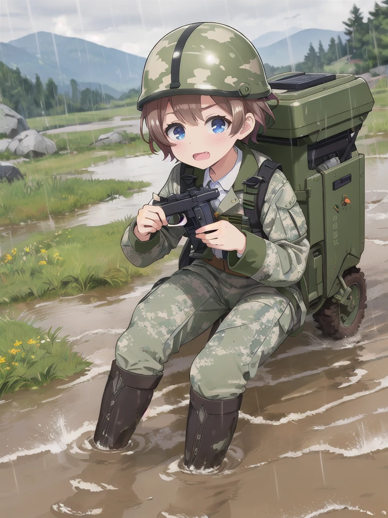 high quality,masterpiece,12 years old,blue eyes,Outdoor,顔 focus,Brown Hair, short hair, Military camouflage uniform,Green helmet,heavy rain,In the mountains,cloudy,Muddy clothes,He has a gun,Crawling on the ground,Point the gun this way