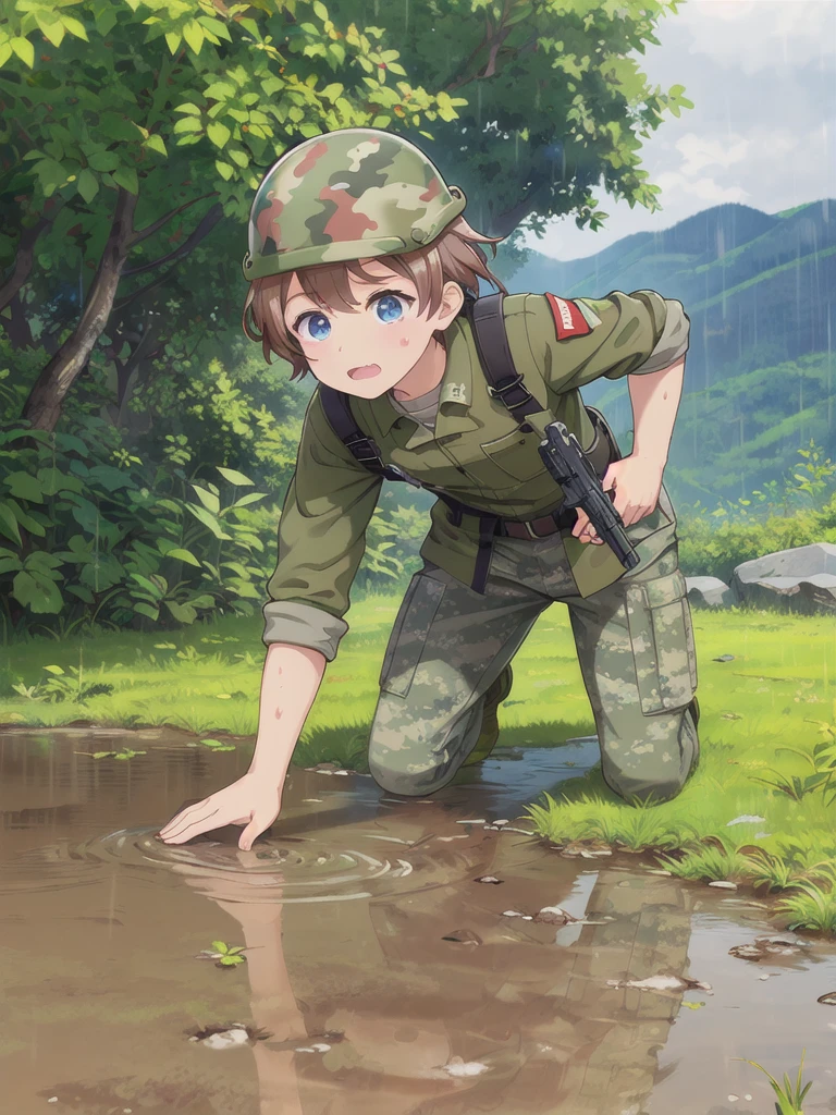 high quality,masterpiece,,blue eyes,Outdoor,顔 focus,Brown Hair, short hair, Military camouflage uniform,Green helmet,heavy rain,In the mountains,cloudy,Muddy clothes,He has a gun,Crawling on the ground,Point the gun this way