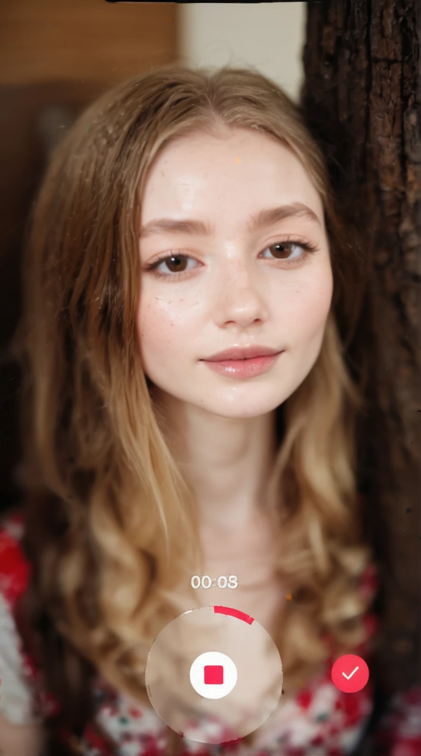 girl with blonde shiny long hair, big brown eyes ,pale glowy realistic human skin with texture 