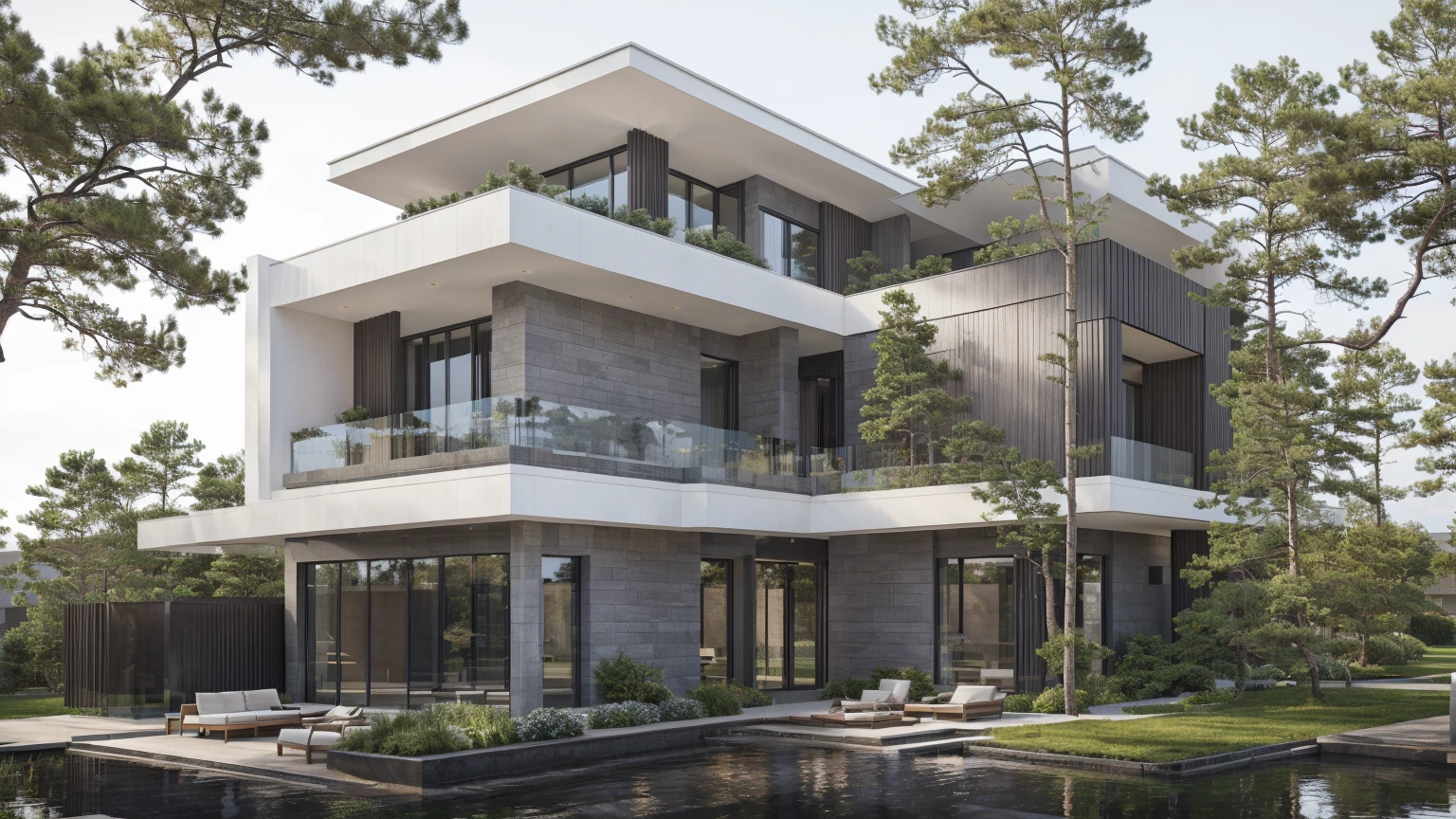 RAW photo, subject, 8k uhd, dslr, soft lighting, high quality, film grain, Photo of a modern villa, modern architecture, simple facade, glass railing, trees, skylight, palm tree, gray stone walling, wooden, (realistic:1.4), (masterpiece:1.4), ceiling wood, (white painted wall:1.3), (daylight:1.4), (sunlight:1.4)
