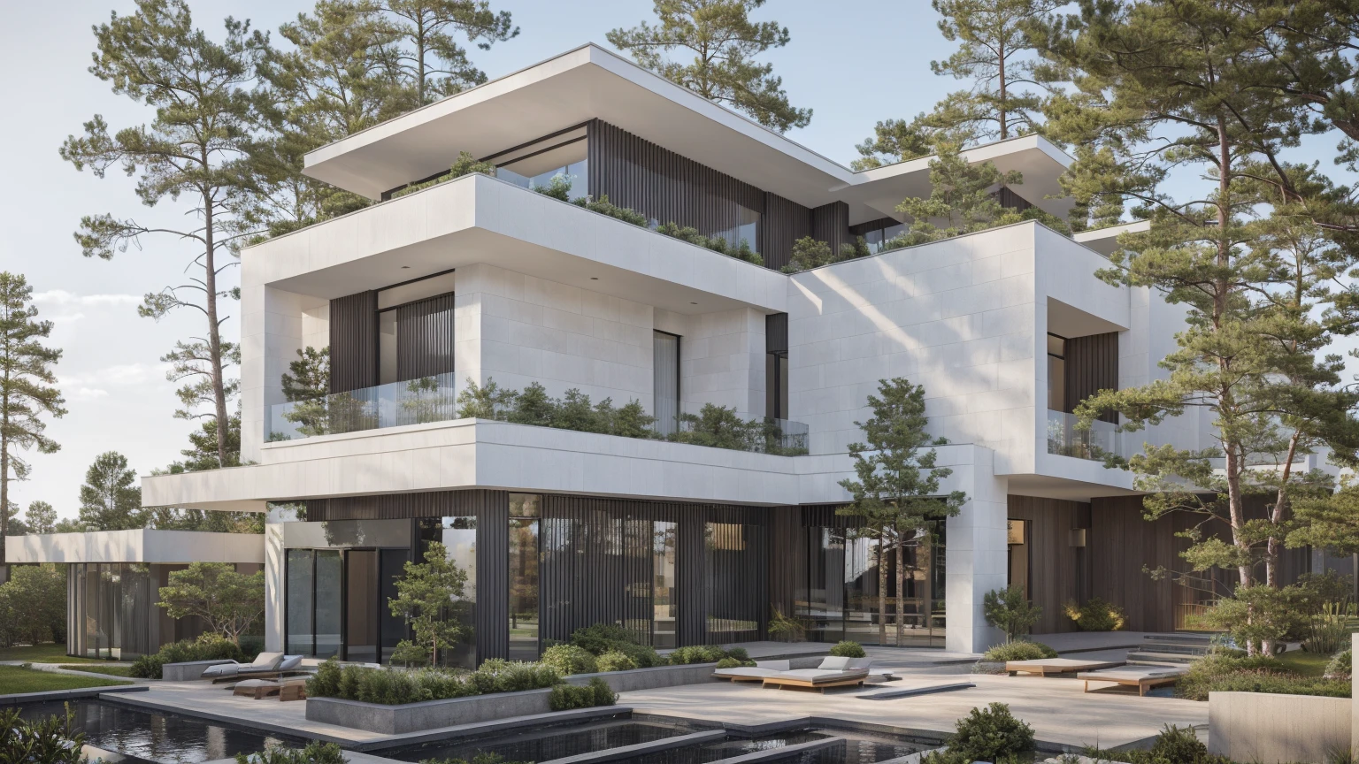 RAW photo, subject, 8k uhd, dslr, soft lighting, high quality, film grain, Photo of a modern villa, modern architecture, simple facade, glass railing, trees, skylight, palm tree, gray stone walling, wooden, (realistic:1.4), (masterpiece:1.4), ceiling wood, (white painted wall:1.3), (daylight:1.4), (sunlight:1.4)