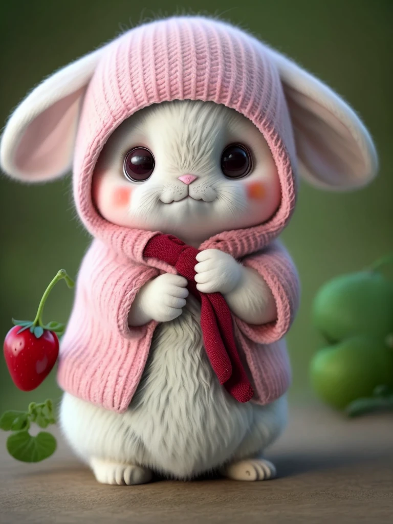 : 3. Rabbit, realistic, hairy, clothed animal, apple, dark circles, blush, cherry, food, fruit, full body, hat, non-human, strawberry, tomato, watermelon