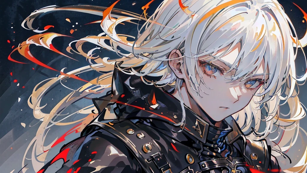 high quality, Handsome man, 1 male, , teenager, Golden lining, Short white hair, Flat Cut Hair, Sharp eyes, Golden Eyes, The devil may cry, close, Calm expression, stoic, Black leather clothing, Black jacket, Upper Body, View your viewers, Cowboy Shot, Black Dragon Background
