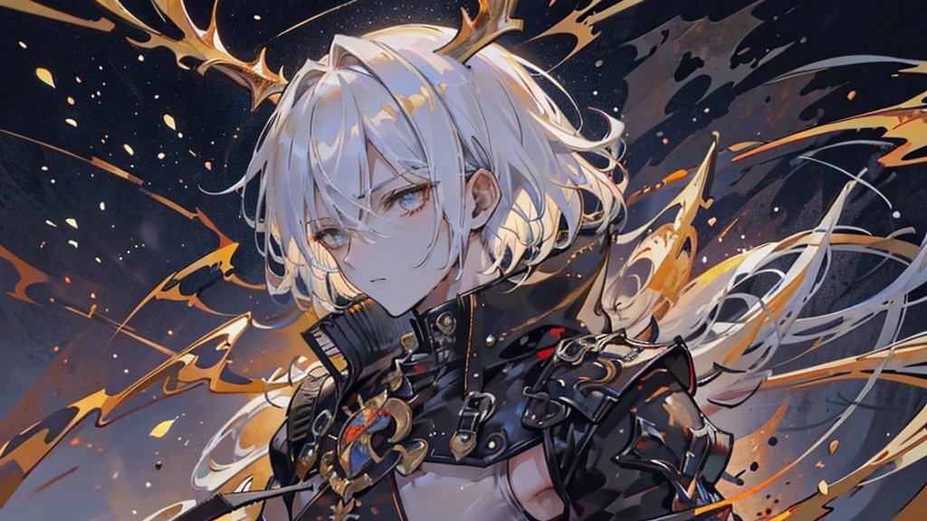 high quality, Handsome man, 1 male, , teenager, Go lining, Short white hair, Flat Cut Hair, Sharp eyes, Golden Eyes, The devil may cry, close, Calm expression, stoic, Black leather clothing, Black jacket, Upper Body, View your viewers, Cowboy Shot, Black Dragon Background
