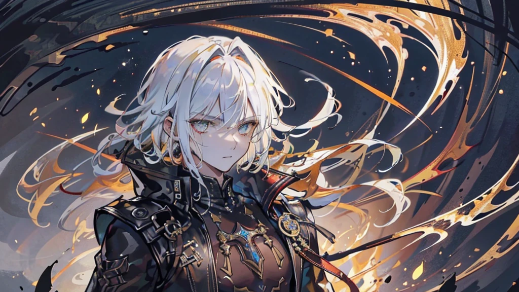 high quality, Handsome man, 1 male, 17 years old, teenager, Golden lining, Short white hair, Flat Cut Hair, Sharp eyes, Golden Eyes, The devil may cry, close, Calm expression, stoic, Black leather clothing, Black jacket, Upper Body, View your viewers, Cowboy Shot, Black Dragon Background
