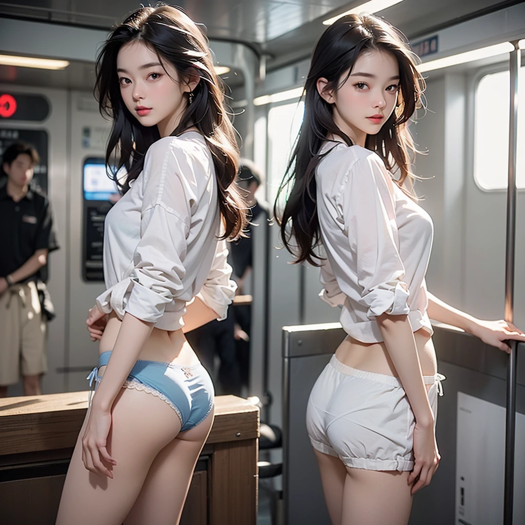 (Realistic、Like a photograph、Live Action、8K, Photorealistic, RAW Photos, Best image quality: 1.4), Single-lens reflex camera、RAW Photos, Highest quality, Realistic, 非常に詳細な CG Unity 8K 壁紙, Written boundary depth, Cinematic Light, Lens flare, Ray Tracing, Realistic backgroundform:1.4、White shirt:1.1、Best hip shot:1.4、Pleated skirt、Lift up the skirt、Panties with detailed lace)、((Ultra-dense skin))、 1 girl,Cute Japanese Girl、((whole body:1.5),(Touching breasts from behind:1.37、My butt is touched、Crazy behavior)、Looking back at the audience:1.1、Embarrassed look、Random hairstyle:1.2、I like that style、Pay attention to the details、Long Hair、The perfect outfit、(White skin)、Beautiful legs:1.1,Standing in the subway((((I can see her panties))))