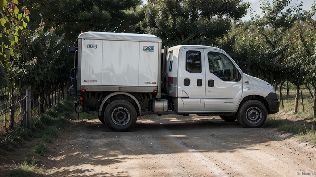 chemin de terre, dans les vignes, entre les vignes, les vignes sont petites, temps pluvieux, deux hommes, un fourgon blanc L2 H2, fourgon L2 H2, citroên jumper, camion sur une bosse, camion sur un terre plein d'herbe, le camion est sur 3 roues, le camion est en déséquilibre, une roue ne touche pas le sol , only 3 wheels are touching the floor