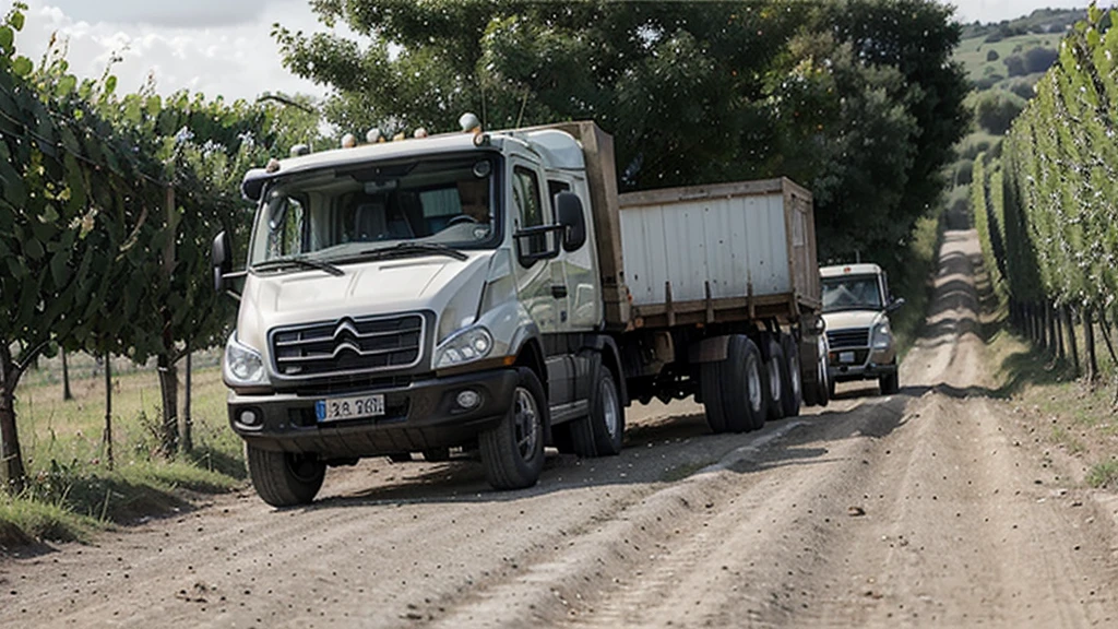 chemin de terre, dans les vignes, entre les vignes, les vignes sont petites, temps pluvieux, deux hommes, un fourgon blanc L2 H2, fourgon L2 H2, citroên jumper, camion sur une bosse, camion sur un terre plein d'herbe, le camion est sur 3 roues, le camion est en déséquilibre, une roue ne touche pas le sol , only 3 wheels are touching the floor