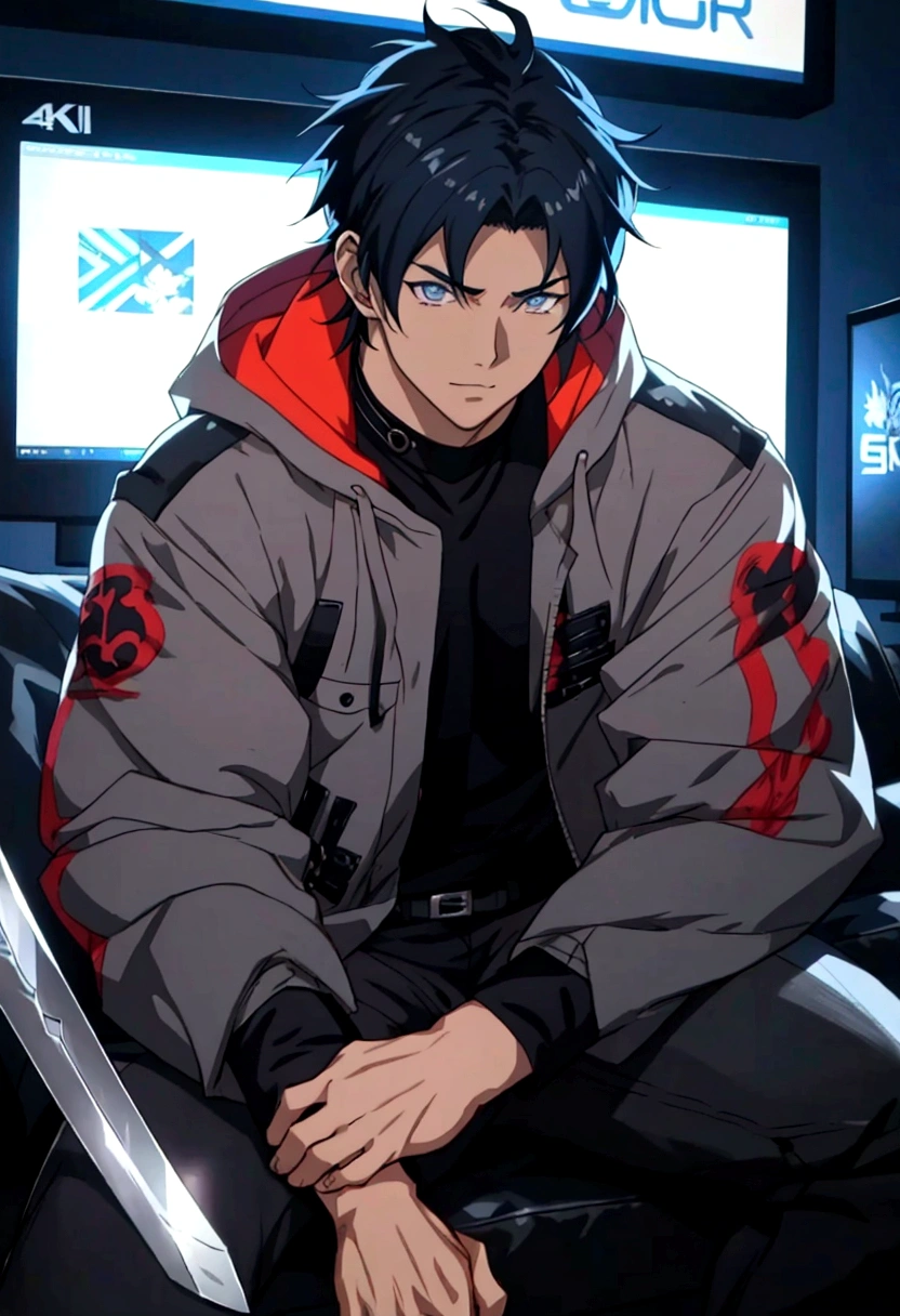anime guy with a sword sitting on a sofa in front of a computer, high quality anime art style, cute anime pose, male anime style, 坏蛋动漫8 K, male anime character, handsome guy in demon slayer art, anime style character, 4K anime-style, anime wallpaper, jett from valorant, ig studios anime style, anime wallpaper 4K