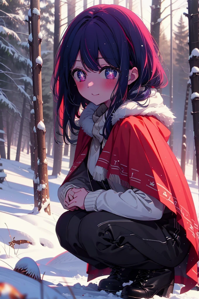 aihoshino, Ai Hoshino, Long Hair, bangs, (Purple eyes:1.1), Purple Hair, (Symbol-shaped pupil:1.5), smile,,smile,blush,White Breath,
Open your mouth,snow,Ground bonfire, Outdoor, boots, snowing, From the side, wood, suitcase, Cape, Blurred, , forest, White handbag, nature,  Squat, Mouth closed, Cape, winter, Written boundary depth, Black shoes, red Cape break looking at viewer, Upper Body, whole body, break Outdoor, forest, nature, break (masterpiece:1.2), Highest quality, High resolution, unity 8k wallpaper, (shape:0.8), (Beautiful and beautiful eyes:1.6), Highly detailed face, Perfect lighting, Highly detailed CG, (Perfect hands, Perfect Anatomy),