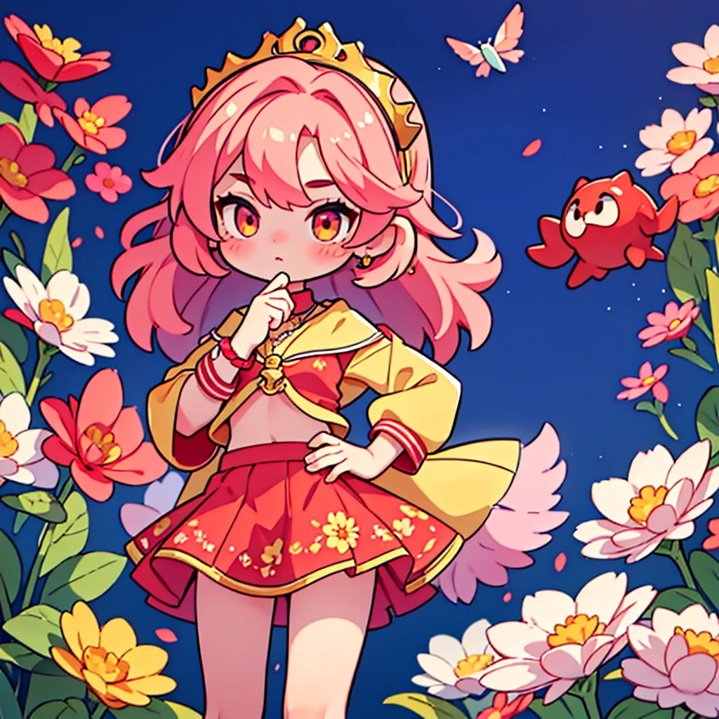 18 years old beautiful girl, masterpiece, best quality, 8K Animation, Detailed fingers, Precise fingers, Not an unnatural hand, illustration, 1 girl, Solitary, Pink Bob Hairstyle, Golden Crown, Flower Hair Accessories, Drooping eyes, Red mini skirt, Wey