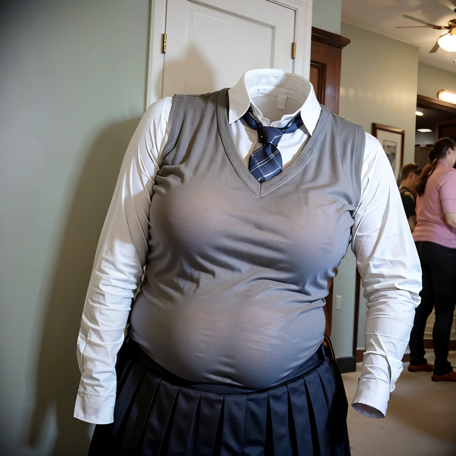 leaning forward, school blouse, sweater vest, stripe tie, ((fat, chubby)), (invisible, no human, headless, handless:1.5)