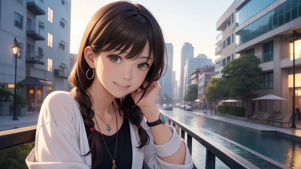 (Highest quality,4K,8K,High resolution,masterpiece:1.2),Very detailed,(Realistic,photoRealistic,photo-Realistic:1.37),夜のbackgroundに星空, looking out from the balcony. background, There are visible apartment buildings. The protagonist has a chignon hairstyle or light brown hair. Characters on the jacket, Long sleeve tops, Earrings, bracelet, And wearing a watch. holding a coffee cup. Draw a theme for your character.whole bodyが写る、A shy smile、Through clenched teeth、Through clenched teeth、lip、cheek、cheek(Flat Color: 0.8)、(masterpiece: 1,2)、(masterpiece: 1,2)、High resolution、Ultra high definition、Highest quality、High resolution、Ultra-thin illustration、Makoto Shinkai style、Your Name is Style、Short Bob、necklace、Earrings、Dynamic pose、Selfie、whole body、Brown Hair、Braiding、、ponytail・、necklace、Valletta、ribbon、Earrings、Manicure、Selfie。