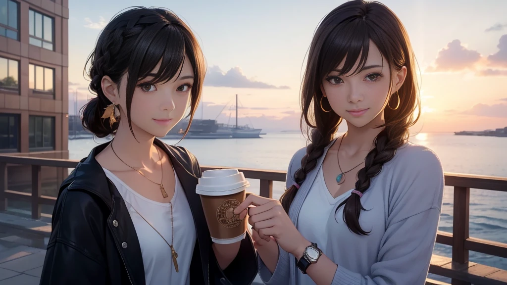 (Highest quality,4K,8K,High resolution,masterpiece:1.2),Very detailed,(Realistic,photoRealistic,photo-Realistic:1.37),夜のbackgroundに星空, looking out from the balcony. background, There are visible apartment buildings. The protagonist has a chignon hairstyle or light brown hair. Characters on the jacket, Long sleeve tops, Earrings, bracelet, And wearing a watch. holding a coffee cup. Draw a theme for your character.whole bodyが写る、A shy smile、Through clenched teeth、Through clenched teeth、lip、cheek、cheek(Flat Color: 0.8)、(masterpiece: 1,2)、(masterpiece: 1,2)、High resolution、Ultra high definition、Highest quality、High resolution、Ultra-thin illustration、Makoto Shinkai style、Your Name is Style、Short Bob、necklace、Earrings、Dynamic pose、Selfie、whole body、Brown Hair、Braiding、、ponytail・、necklace、Valletta、ribbon、Earrings、Manicure、Selfie。