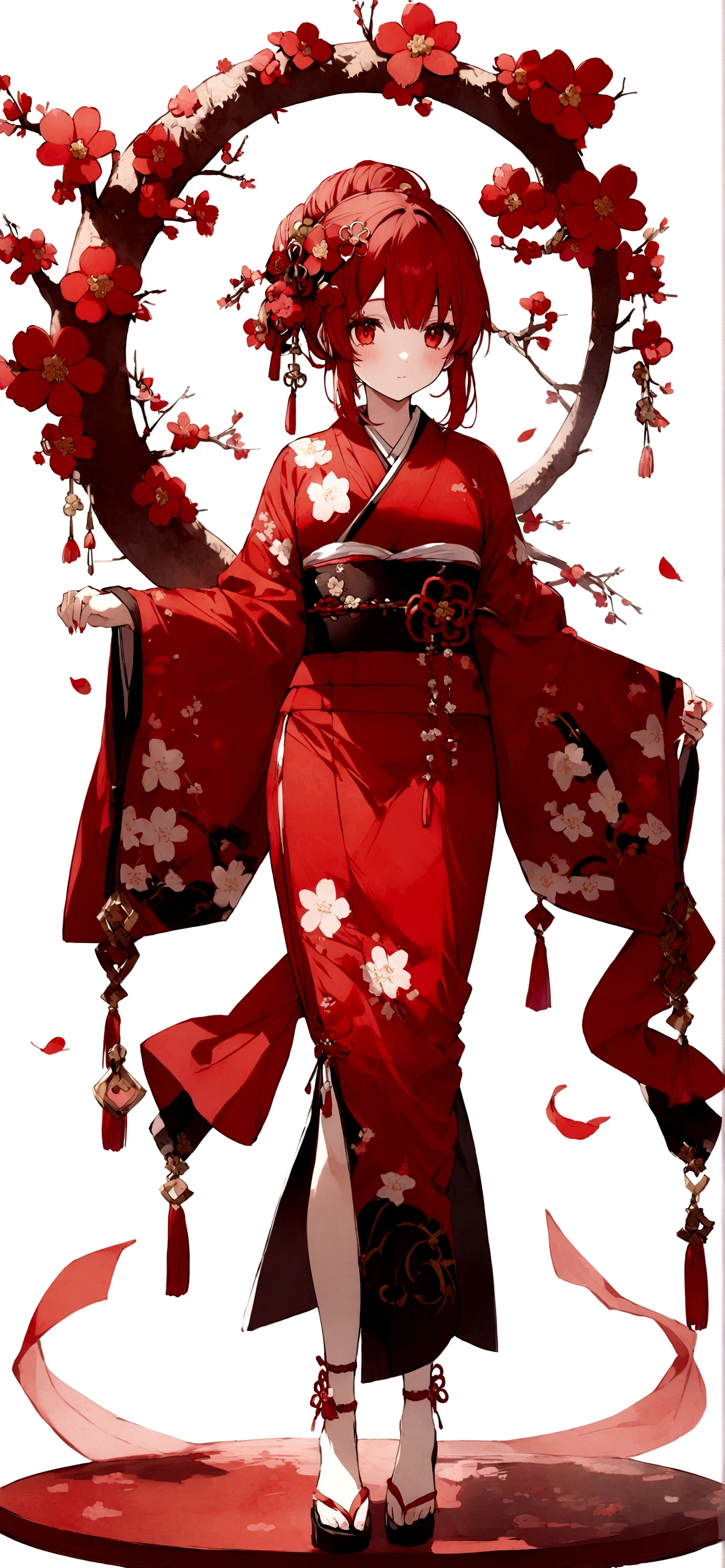 White background、Red kimono、Red Hair、Red eyes、Plum blossom accessories、25 year old sister、whole body