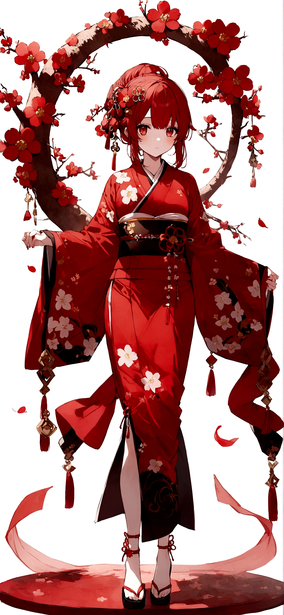White background、Red kimono、Red Hair、Red eyes、Plum blossom accessories、25 year old sister、whole body