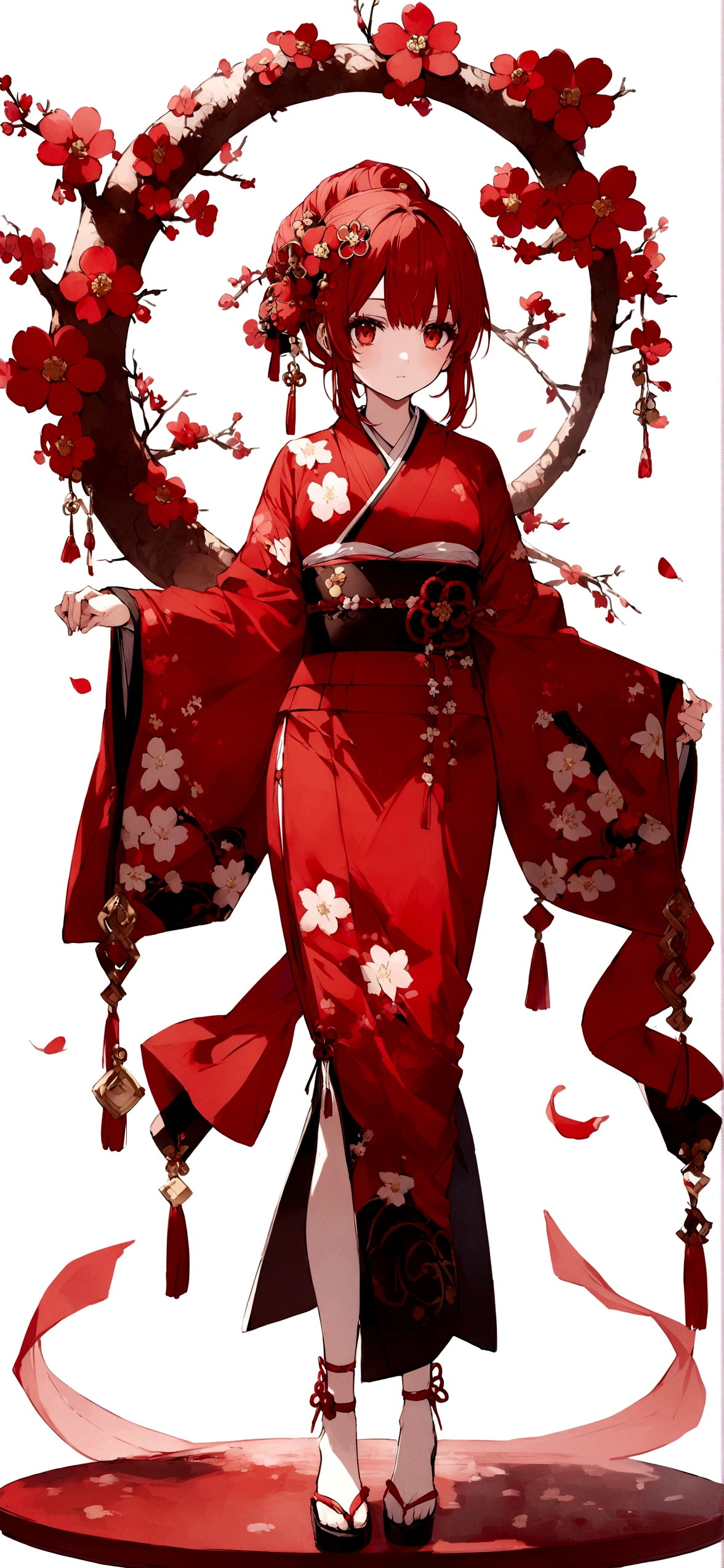 White background、Red kimono、Red Hair、Red eyes、Plum blossom accessories、25 year old sister、whole body