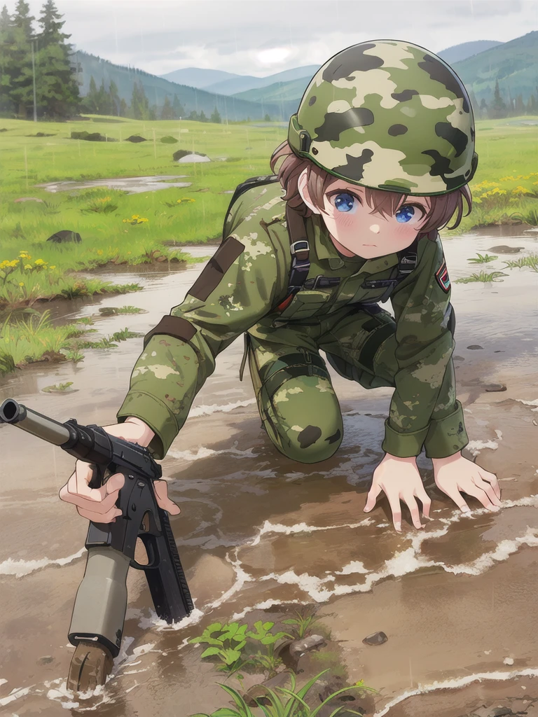 high quality,masterpiece,,blue eyes,Outdoor,顔 focus,Brown Hair, short hair, Military camouflage uniform,Green helmet,heavy rain,In the mountains,cloudy,Muddy clothes,He has a gun,Crawling on the ground,Point the gun this way,(crawling)
