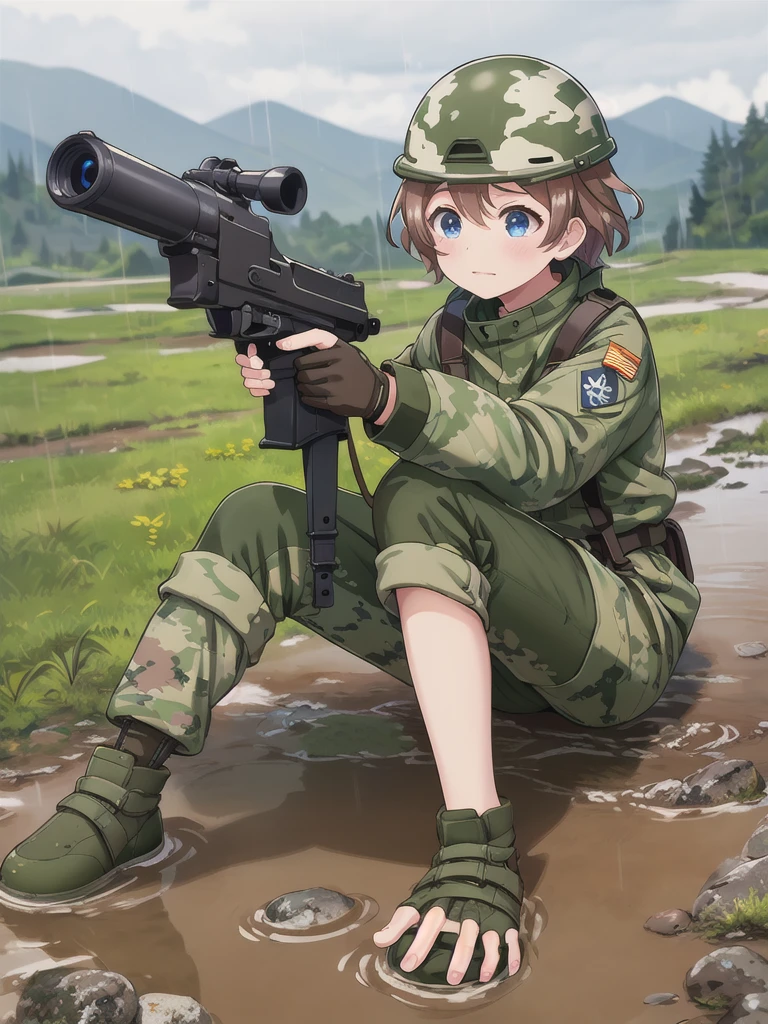 high quality,masterpiece,,blue eyes,Outdoor,顔 focus,Brown Hair, short hair, Military camouflage uniform,Green helmet,heavy rain,In the mountains,cloudy,Muddy clothes,He has a gun,Crawling on the ground,Point the gun this way,(crawling)