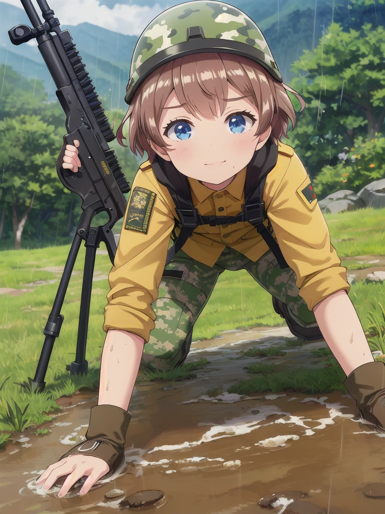 high quality,masterpiece,************,blue eyes,Outdoor,顔 focus,Brown Hair, short hair, Military camouflage uniform,Green helmet,heavy rain,In the mountains,cloudy,Muddy clothes,He has a gun,Crawling on the ground,Point the gun this way,(crawling)