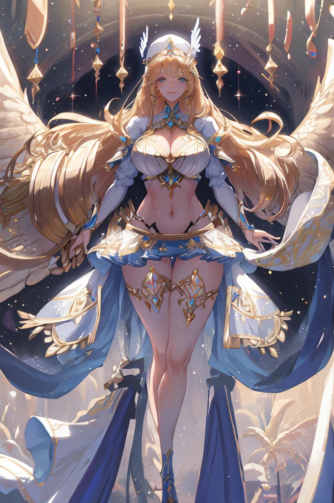 Priestessess,Valkyrie,Angel Wings,belly button,Side bust,Complex,Particles of light,Thighs,Shiny skin, Perfect lighting, One girl,  View your viewers,Winged hat,Pelvic Curtain, smile,(masterpiece), (Highest quality), Very large breasts, maternal, Porcelain-like skin, Honey Blonde Hair, Very long hair, Wavy Hair