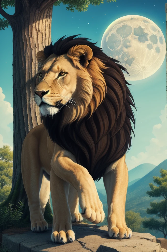 (((Masterpiece artwork))), best qualityer, illustration, beautifuldetailedglow, paper_hackear, lion, tree, ..moonligh