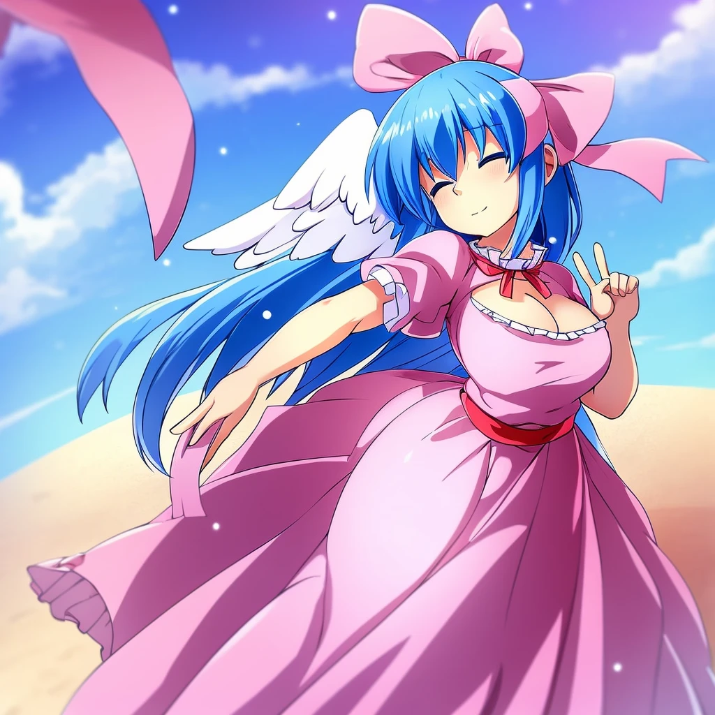 masterpiece, best quality, 1girl, , , , medium blue hair, hair flaps, pink ribbon on head, well-formed face, blue eyes, angel girl, white blouse, puffy short sleeves, red ribbon, angel wings, long white skirt, red shoes, frills, ribbon head, from behind, to lift up one’s skirt, cowboy shot, from front, standing , raise one leg, crossed arms, arms up behind, arms behind back, hand between legs, put hands hip, one hand on hip, forward hands, arms raised in the air, punch hands, peace sign, waving, put up index finger, sit, lie down, closed eyes, lie face down, looking back, put one hand chest, leaning forward, cleavage, close up, horizontally outstretched arms, horizontally outstretched legs, front view, front face