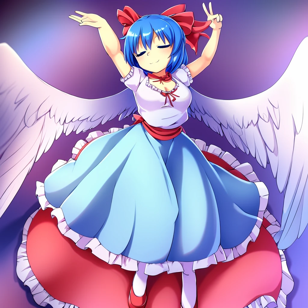 masterpiece, best quality, 1girl, , , 10 years old, medium blue hair, hair flaps, pink ribbon on head, well-formed face, blue eyes, angel girl, white blouse, puffy short sleeves, red ribbon, angel wings, long white skirt, red shoes, frills, ribbon head, from behind, to lift up one’s skirt, cowboy shot, from front, standing , raise one leg, crossed arms, arms up behind, arms behind back, hand between legs, put hands hip, one hand on hip, forward hands, arms raised in the air, punch hands, peace sign, waving, put up index finger, sit, lie down, closed eyes, lie face down, looking back, put one hand chest, leaning forward, cleavage, close up, horizontally outstretched arms, horizontally outstretched legs, front view, front face